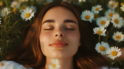 Naklejka premium Woman Laying Field Daisies
