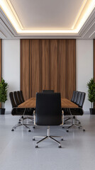 Fototapeta premium Modern conference room with sleek black chairs, wooden table, and natural light. Ideal for business meetings or corporate environments.