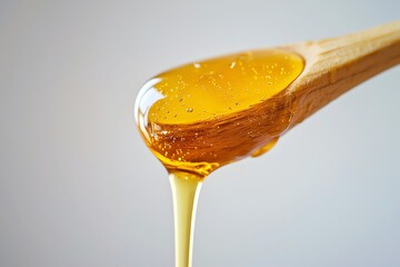 Golden honey dripping from a wooden spoon.