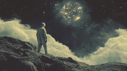 A lone astronaut stands on a rocky terrain, gazing up at a glowing celestial object in the night sky. Blending with the rocky foreground, dense clouds rise, adding an ethereal feel to the scene. Stars