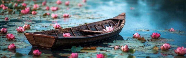 Obraz premium Serene boat drifting on a tranquil river adorned with vibrant lotus flowers, reflecting nature's beauty and peaceful ambiance, inviting calm and contemplation.