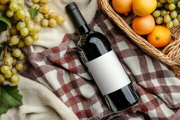 Mockup of red wine bottle with label for branding lying on blanket with basket of fruits