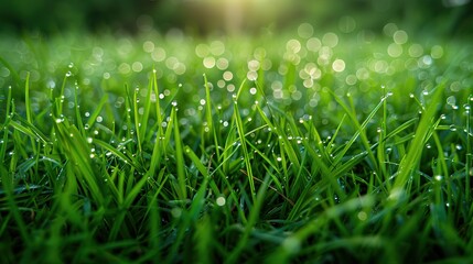Fototapeta premium Stunning Picture of Dewdrop on Green Grass: A Delicate and Enchanting Natural Snapshot. Showcasing the Beauty and Serenity of Tiny Wonders.