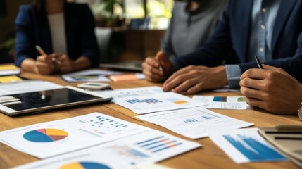 Business meeting showcasing vibrant charts and graphs spread across a polished table, team members engaged in discussion, strategic planning in a modern office space.