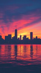 Fototapeta premium Dawn Cityscape Silhouette, a vibrant skyline emerges as the sun rises, painting the sky with hues of orange and pink, creating a stunning contrast against darkened buildings.