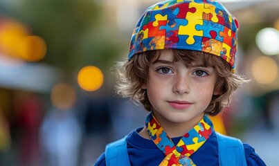 Kid with ribbon for World Autism Spectrum Disorder Awareness Day typically features a colorful puzzle pattern, symbolizing the complexity and diversity of individuals on the autism, Generative AI