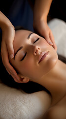 Fototapeta premium Young beautiful girl having face massage relaxing in spa salon