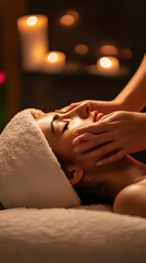 Obraz premium Young beautiful girl having face massage relaxing in spa salon