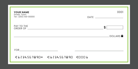 Check Chequebook template. Blank bank cheque for banknote, payment design. Vector