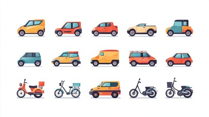 Naklejka premium Modern Flat Vector Icons for Private Transportation App: Cars, Motorcycles, Bicycles