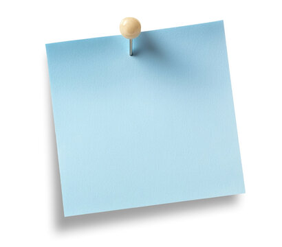 Blue paper note with push pin isolated on transparent background
