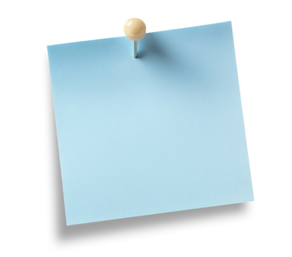 Blue paper note with push pin isolated on transparent background