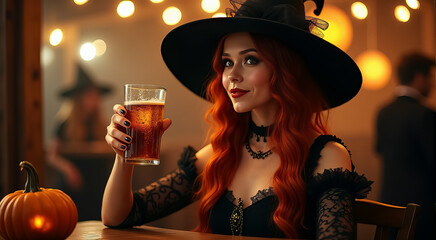 Young woman wearing a witch hat enjoys a beer at a festive gathering in a cozy pub on a lively evening