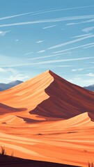 Naklejka premium Majestic Desert Dunes, expansive sandy terrain with towering dunes, vibrant golden hues under a clear blue sky, evoking a sense of vast solitude and natural beauty.