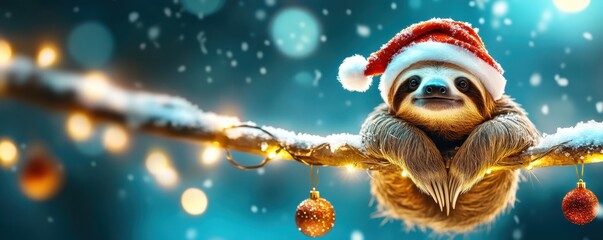 Festive Sloth: Adorable Christmas Sloth Hanging on Snowy Branch with Santa Hat and Lights, Holiday Decorations Below