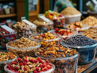 A vibrant display of various granola mixes at a local farmers market
