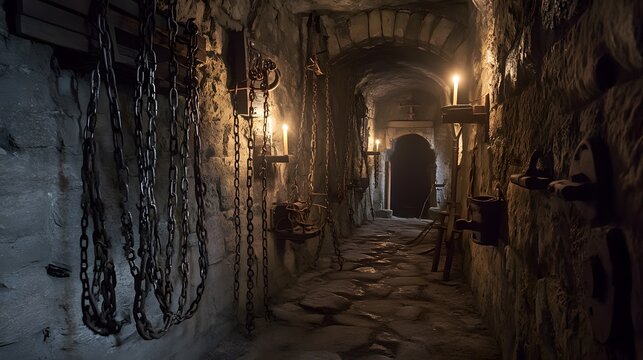 Haunting medieval dungeon corridor illuminated by candlelight in stone castle