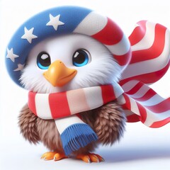 Fototapeta premium Cute 3d fluffy Eagle character with USA style scarf, white background