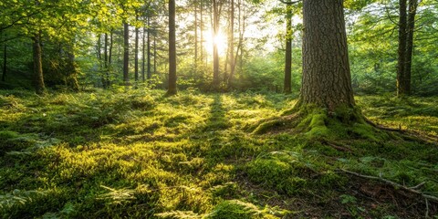 Obraz premium Sunlight Through Trees in a Lush Green Forest