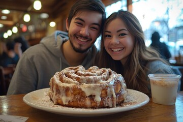 Best friends sharing a giant cinnamon roll giggling at the gooey sweetness