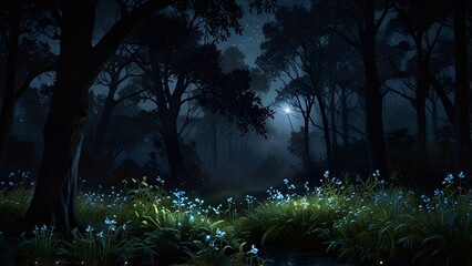 The background has flowers and trees.
