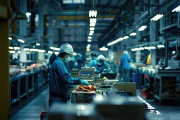 Obraz premium A woman working in a factory setting, focused on processing carrots