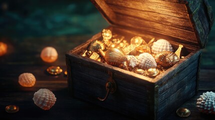 Ancient relics and collectible treasures inside a seafarer s chest, oceanic wealth, 3D illustration
