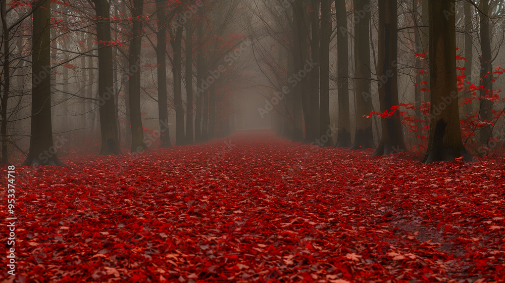 Wall mural mysterious forest path covered in red leaves with a black cat