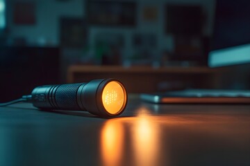 A small flashlight is sitting on a table in front of a computer monitor