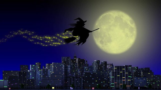 Filmato. Illustrazione 3D. Halloween. Befana. Strega in volo nella notte. Ricorrenza nella stagione autunno, inverno, nei mesi di ottobre, novembre, gennaio.