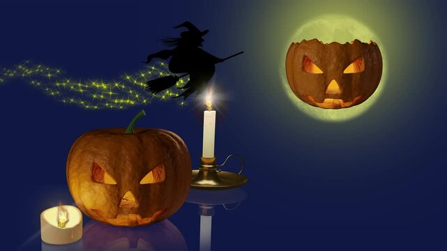 Filmato. Illustrazione 3D. Halloween. Befana. Strega in volo nella notte. Ricorrenza nella stagione autunno, inverno, nei mesi di ottobre, novembre, gennaio.