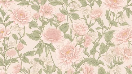 Fototapeta premium Delicate seamless pink wallpaper featuring a repeating pattern of intricately illustrated flowers