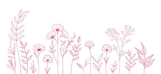 Vector line art illustration of various floral and botanical elements in red on a white background. Abstract floral art background. Red flowers and herbs.