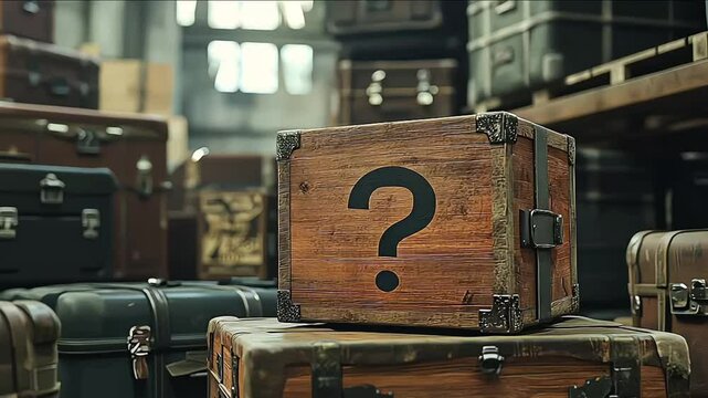 Old wooden mystery box in a warehouse full of packages