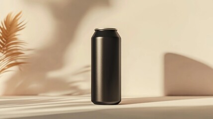 Black aluminum can mockup on light background.