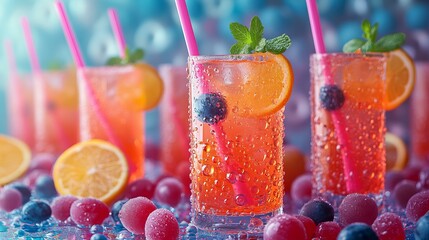 Fototapeta premium Refreshing Fruit Drinks with Ice Birthday of Cocktail Straw: highlighting the fun of cocktail party