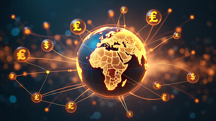 Digital Illustration of a Globe Highlighting African and European Continents with Euro Currency Symbols Connected by Lines, Representing Global Financial Networks and the Influence of the Euro.