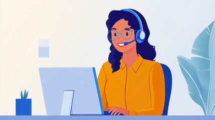 Friendly call center agent with a headset, offering remote customer service. A happy woman uses her communication skills to resolve issues