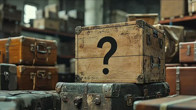 Old wooden mystery box in a warehouse full of packages