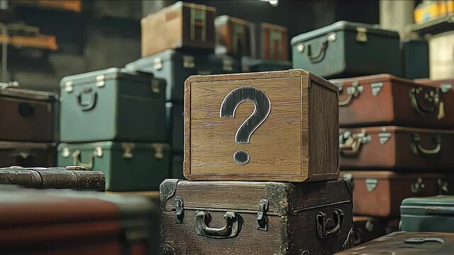 Old wooden mystery box in a warehouse full of packages