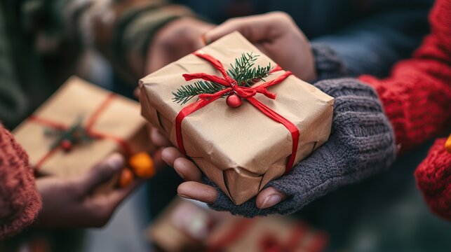 close-up of hands giving out Christmas care packages as part of a holiday volunteering effort