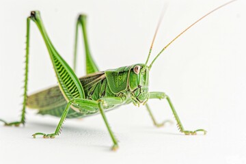 A close-up shot of a grasshopper sitting on a white surface, ideal for use in educational materials, insect-themed designs, or as a decorative element