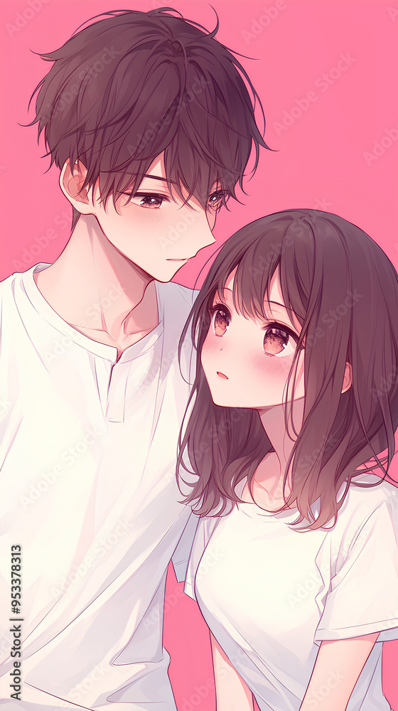 Wall mural young male and female anime couple dating, vertical simple background