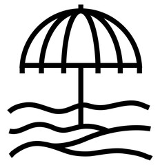 Line art umbrella on a beach sand, outline icon illustration. PNG, transparent background, 