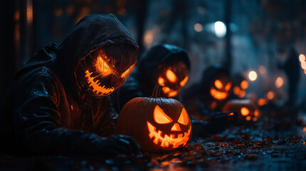 Obraz premium Halloween Jack O Lantern and Person in Hood