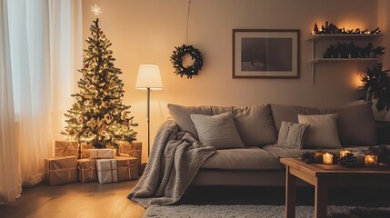 Fototapeta premium cozy minimalist Christmas living room, with understated decorations and a calming atmosphere