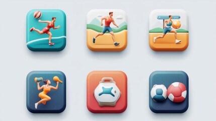 Dynamic 3D Illustrated Icon Set for Sports App - Icons of Runners, Swimmers, and Gymnasts in Action