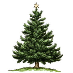 Fototapeta premium A beautifully illustrated Christmas tree adorned with a star, symbolizing holiday cheer and seasonal celebrations, christmas tree illustrationislated on transparent background