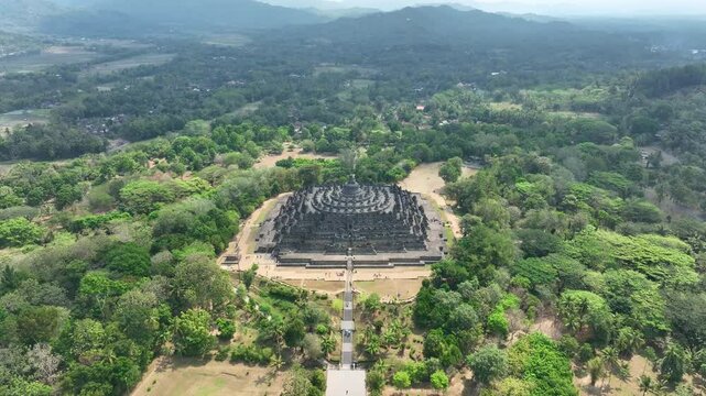 Drone view, Aerial view of Borobudur Temple, Central Java, Indonesia