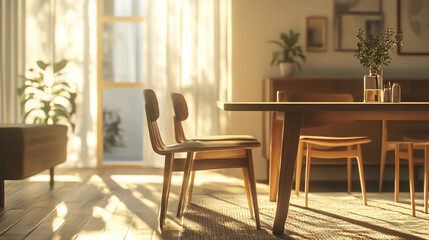 Modern interior. This is a partial photo of the minimalist interior of a house with a wooden table and chairs in warm sunlight. Generative AI